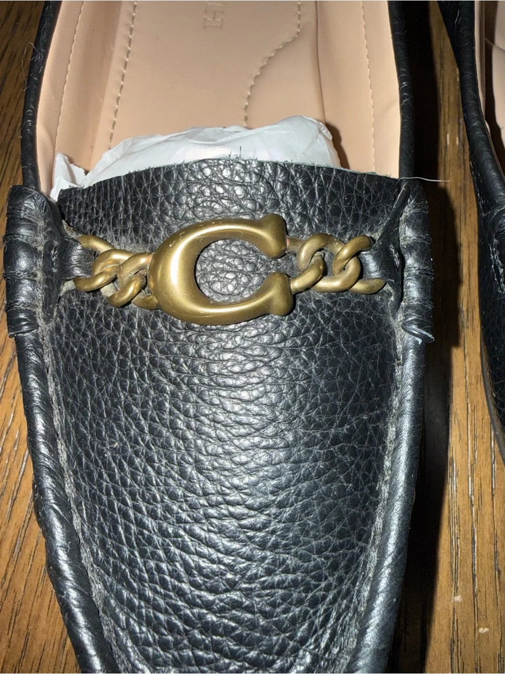 Coach Black Leather Loafers with Gold Chain Accent